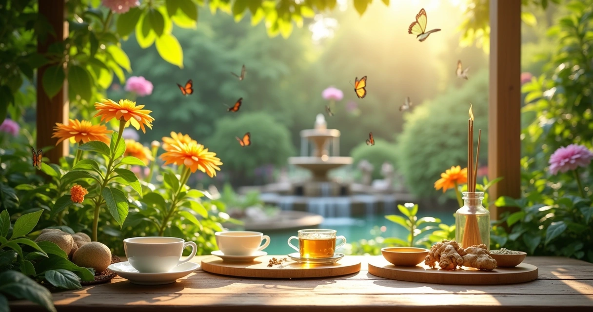 Jardim sereno com mesa de chá, flores vibrantes e fonte de água, simbolizando saúde e bem-estar.