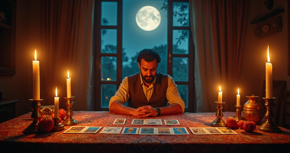 Tarólogo lê cartas de tarô em uma mesa iluminada por velas, com céu estrelado ao fundo.