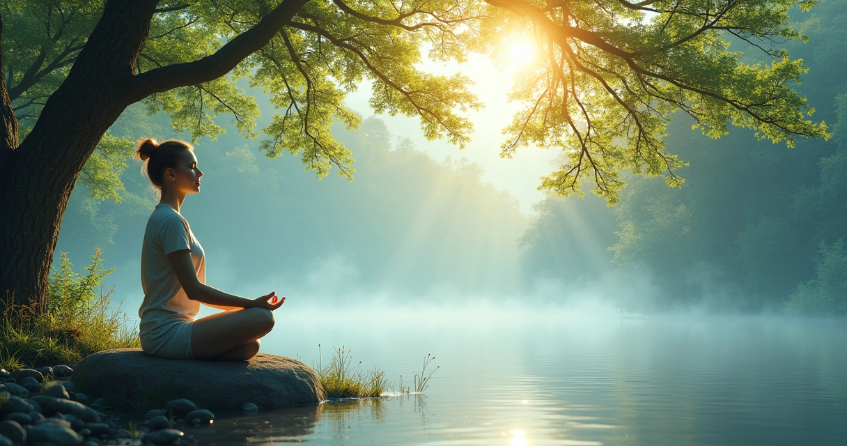 Uma pessoa meditando em uma rocha perto de um lago tranquilo, cercada por árvores e flores silvestres.