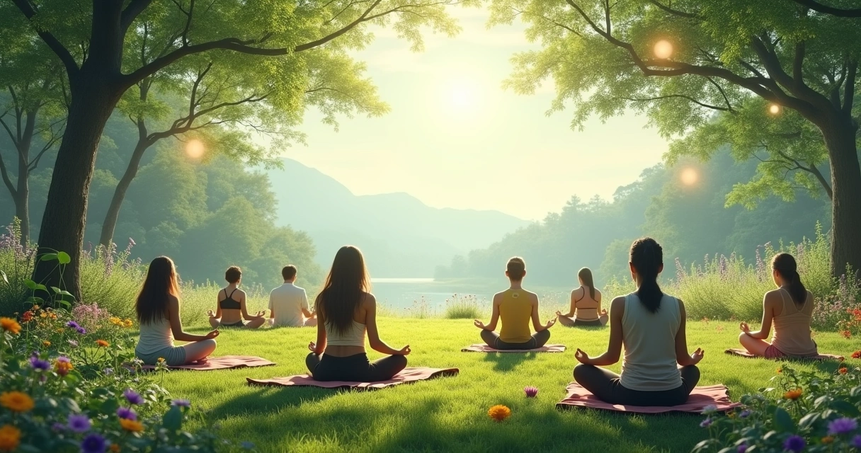 Grupo diverso meditando em um espaço sereno na floresta, cercado por flores e luz do sol suave.