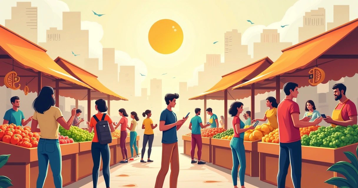 Ilustração vibrante mostrando um mercado com pessoas usando números para compras do dia a dia.