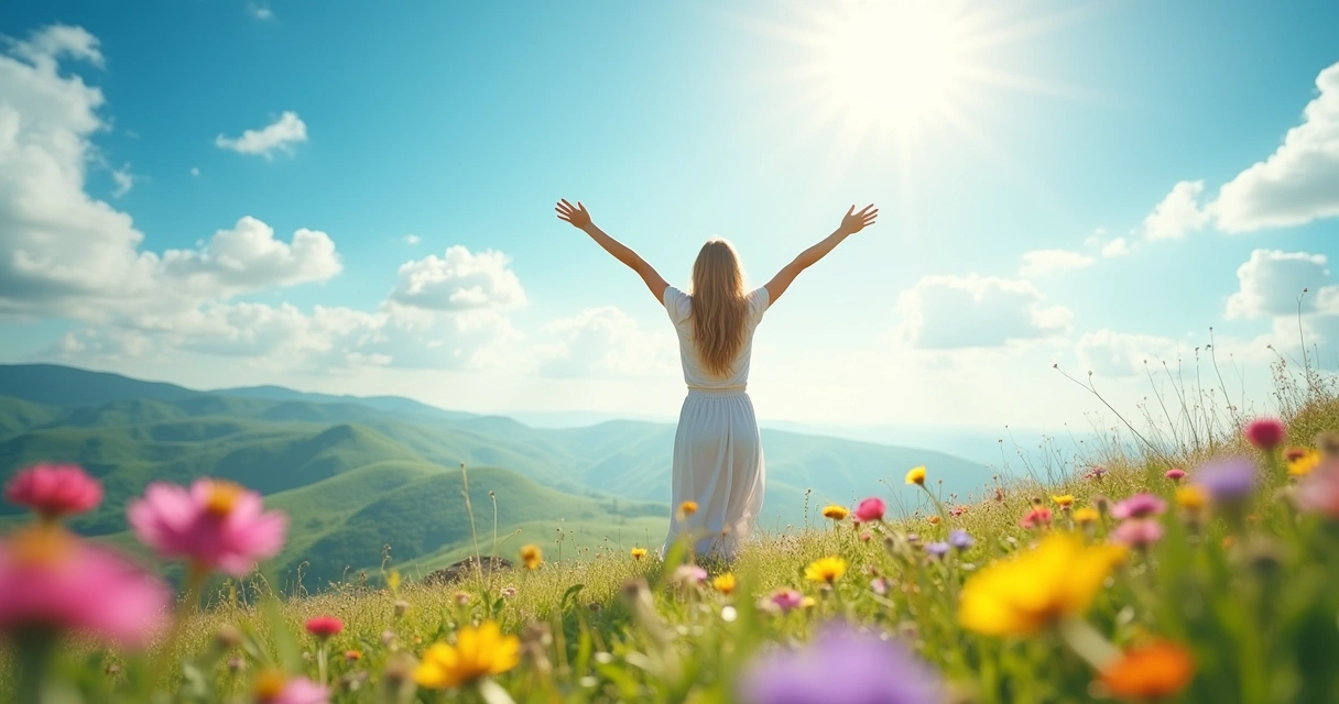 Mulher em um campo iluminado pelo sol, celebrando com os braços levantados, rodeada por flores coloridas.