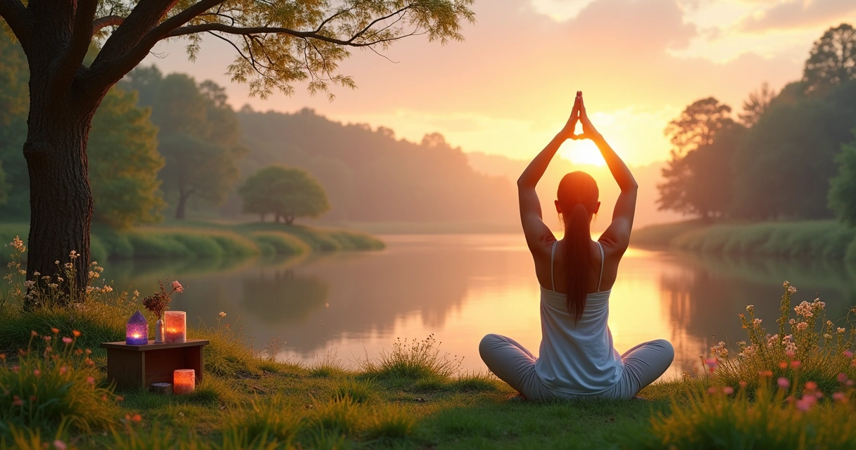 Mulher praticando yoga ao ar livre em um morro, cercada por flores silvestres e um rio ao fundo.