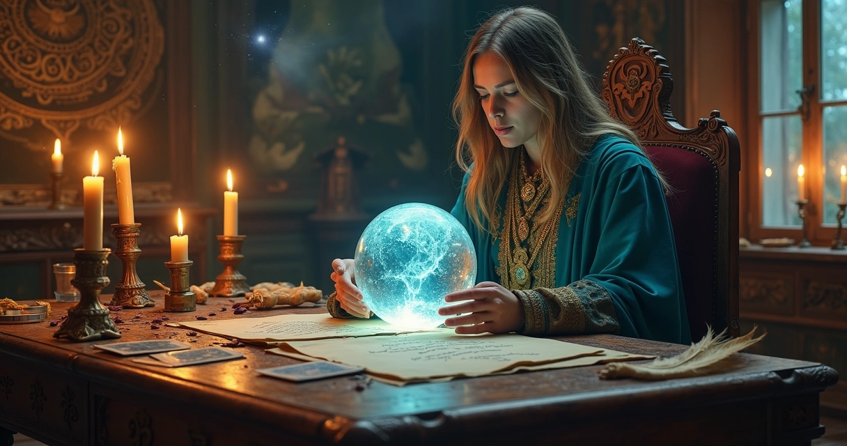 Oráculo em mesa antiga com vela, cartas de tarô e bola de cristal, rodeado de natureza e símbolos místicos.