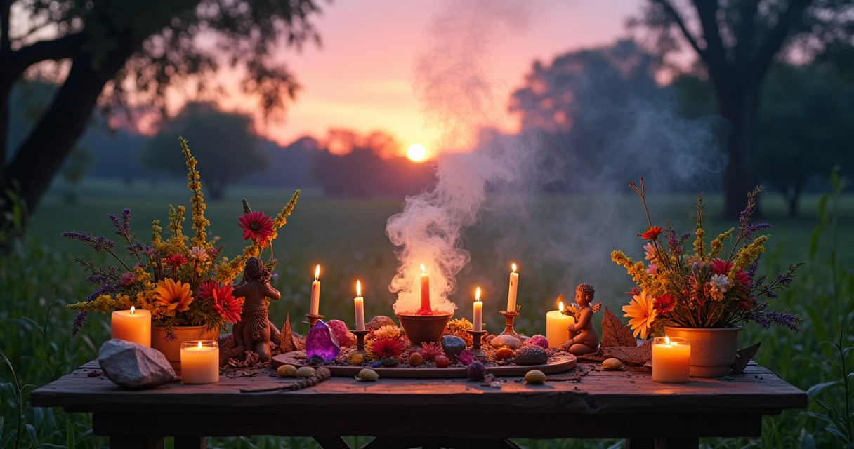 Altar for Umbanda rituals with flowers, candles, and spiritual objects in a twilight forest.