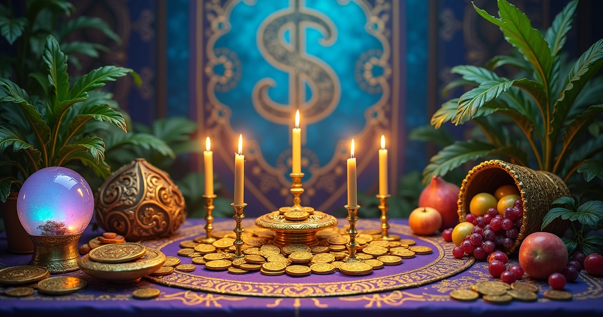 Espaço ritual vibrante com velas douradas, moedas, plantas verdes e elementos místicos para atrair prosperidade financeira.
