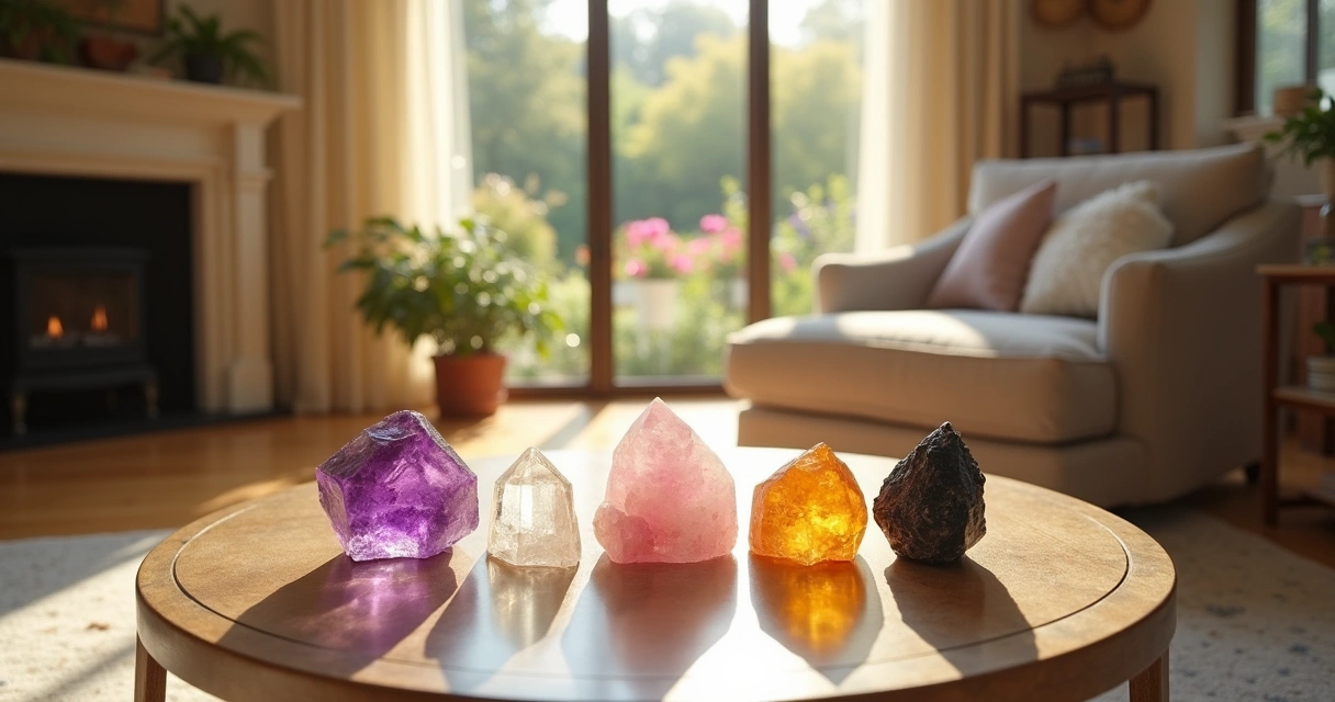 Sala de estar acolhedora com cristais, luz suave e janelas grandes para o jardim.