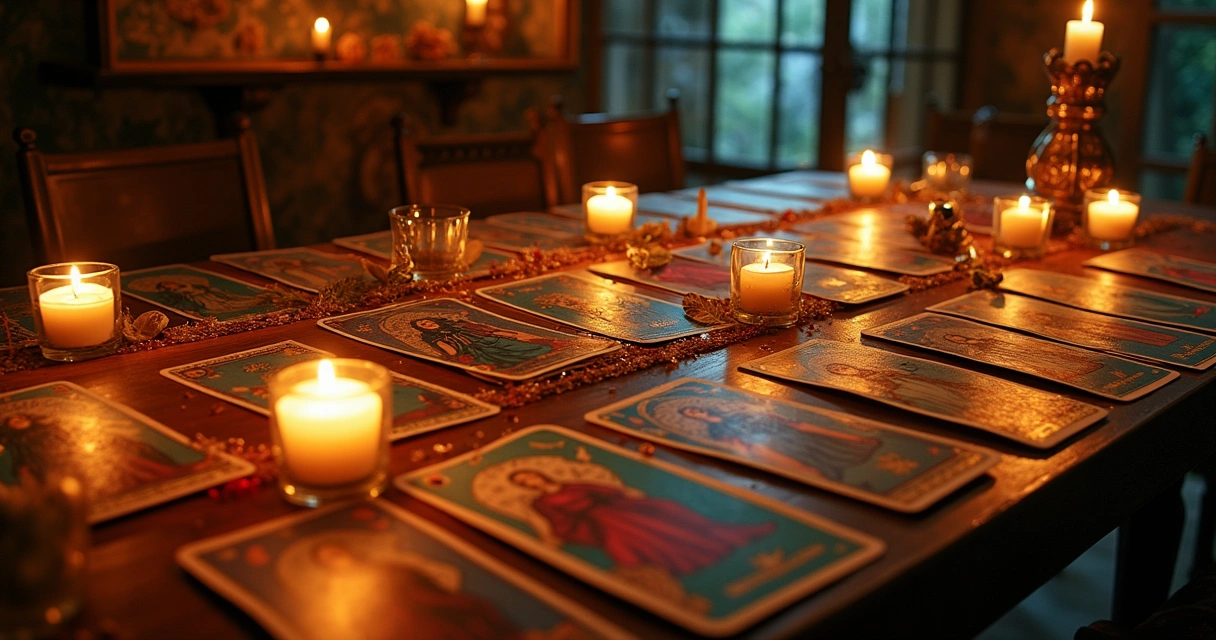 Baralho de cartas de tarot com velas, cristais e erbas, em uma mesa rústica iluminada.