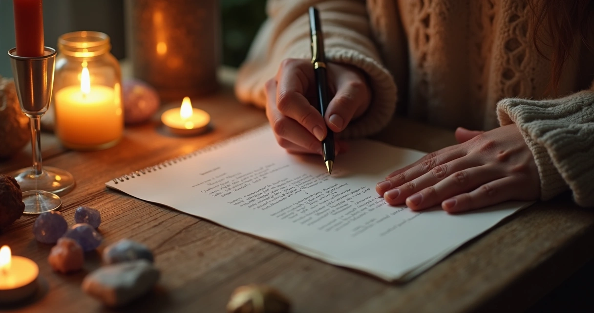 Mãos femininas escrevendo afirmações em papel com velas acesas e cristais ao redor