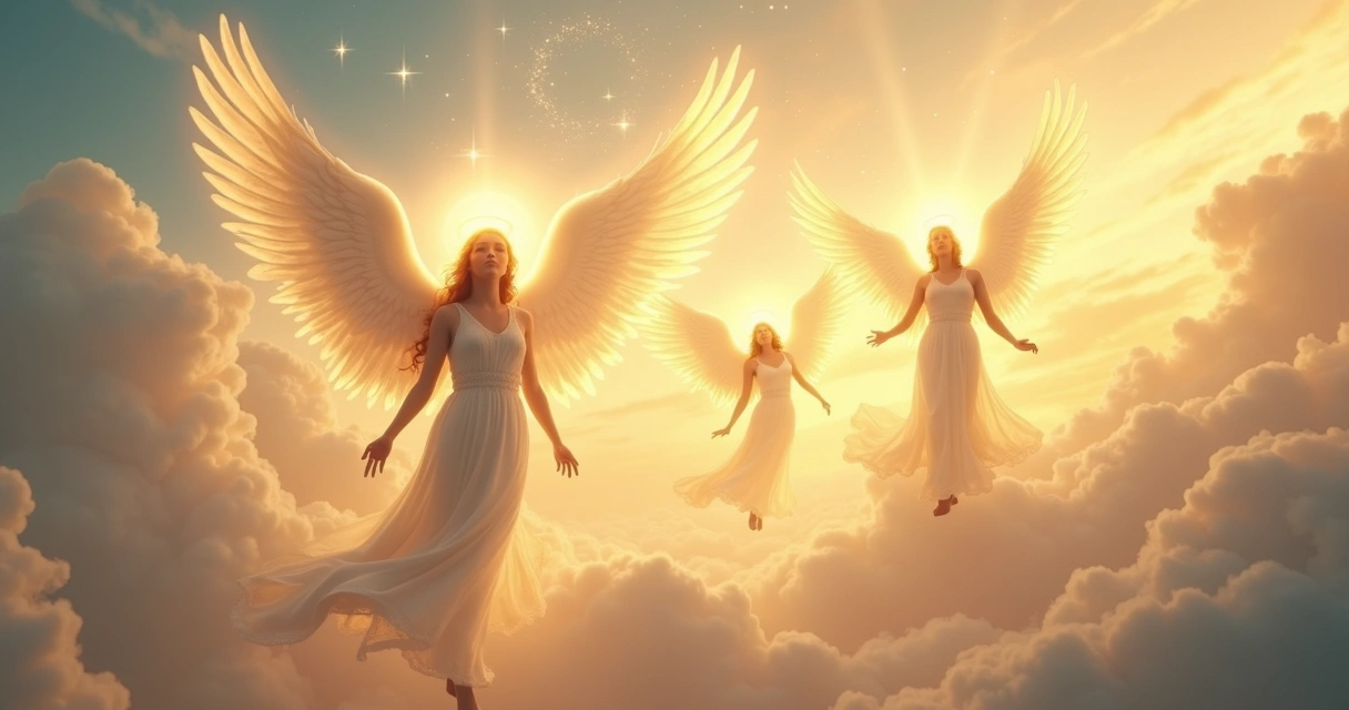 Anjos e arcanjos brilhando com luz dourada em um cenário celestial etéreo e detalhado