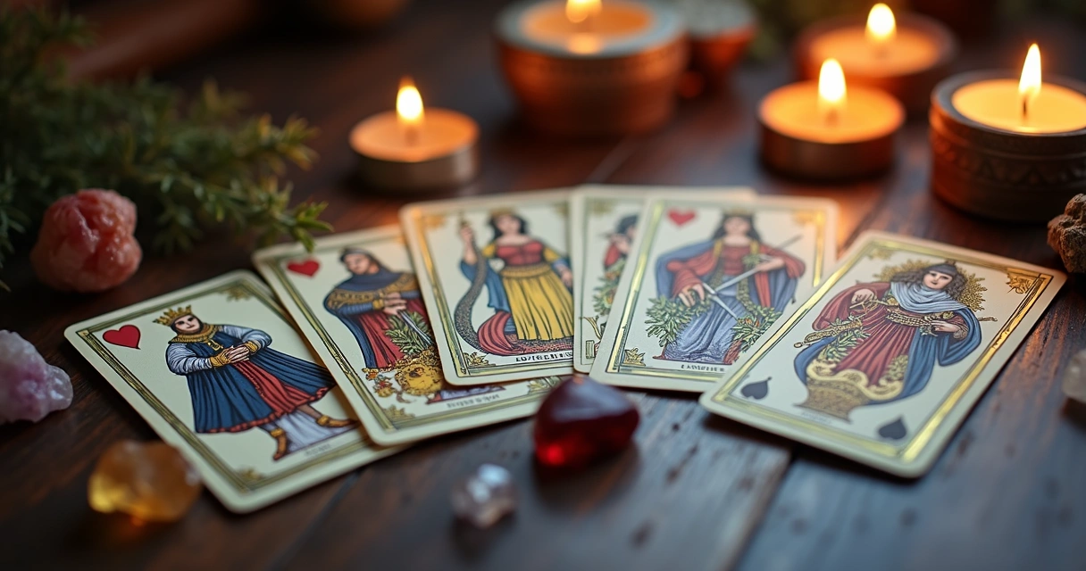 Cartas de corte do baralho cigano dispostas sobre mesa de madeira com detalhes em velas acesas e cristais