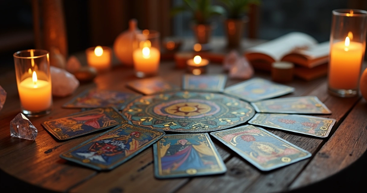 Mesa de madeira com cartas de tarot dispostas em círculo, vela acesa e cristais ao redor