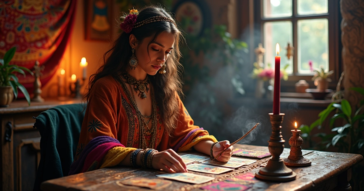 Mulher cigana lendo cartas de tarot em ambiente místico com vela, cristais e decoração tradicional