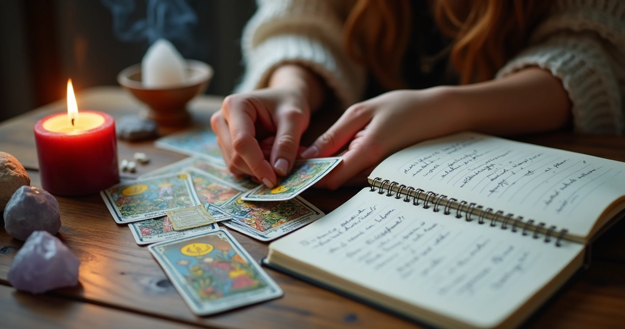 Mesa de madeira com cartas de tarot dispostas em leque, mãos femininas segurando uma carta, caderno aberto com anotações e vela acesa ao lado