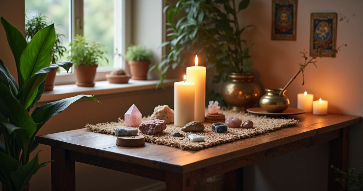 Espaço esotérico organizado em ambiente pequeno com altar, velas, cristais e plantas