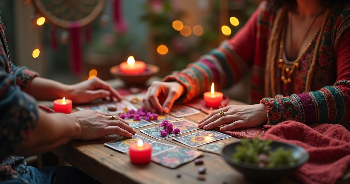 Casal realizando ritual de magia cigana com velas, cartas e elementos coloridos na mesa