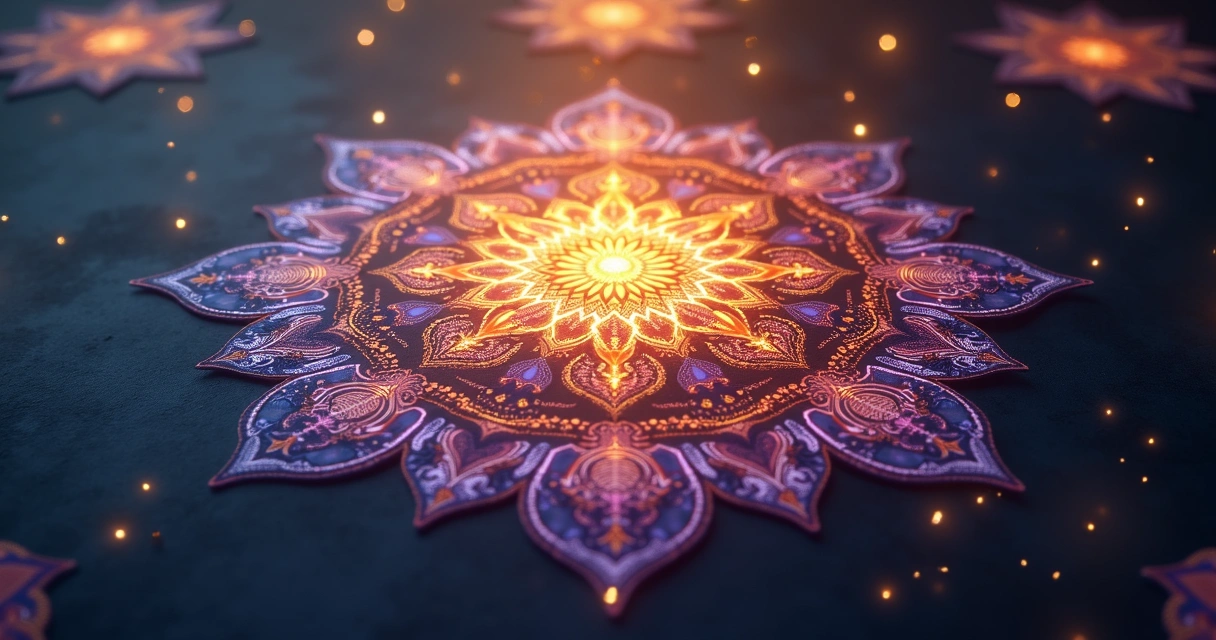 Mandala colorida detalhada com padrões simétricos usados em meditação esotérica, fundo escuro e ambiente calmo