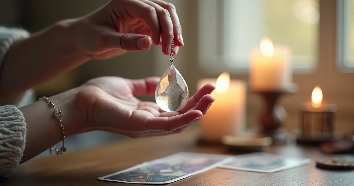 Mão segurando um pêndulo de cristal transparente contra fundo suave e neutro