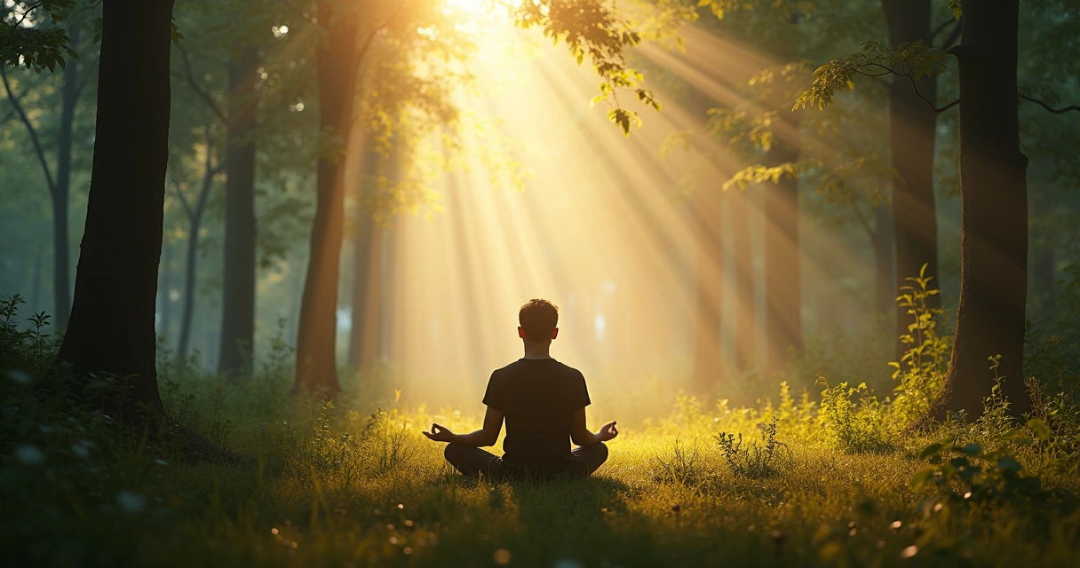Pessoa meditando em posição de lótus em meio a uma floresta iluminada pela luz suave do amanhecer