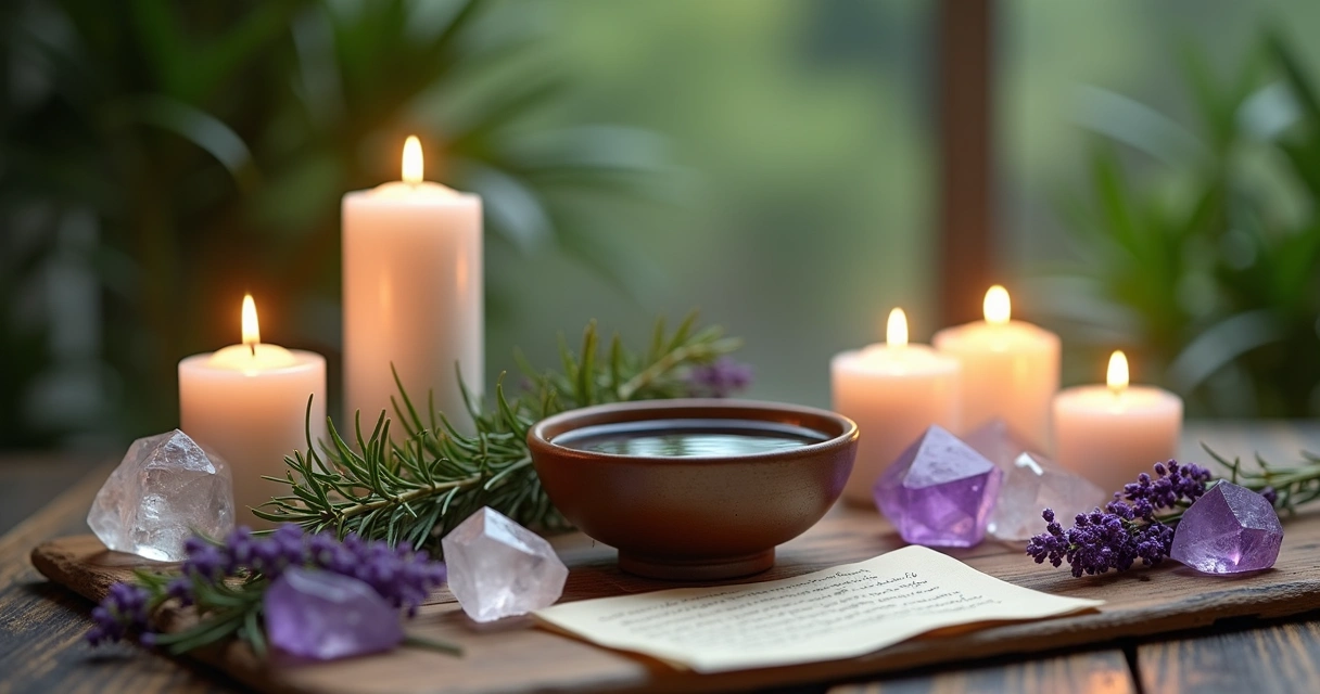 Elementos para banho energético com ervas frescas, velas e cristais sobre madeira clara