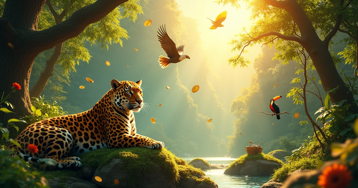 Animais de poder em um cenário natural exuberante com símbolos de prosperidade ao redor