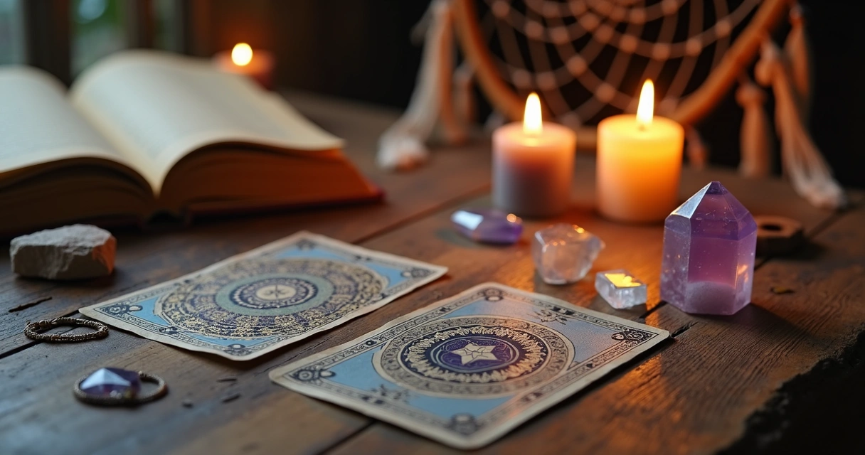 Mesa com símbolos esotéricos variados para interpretação de sonhos, cartas de tarot, cristais e velas acesas