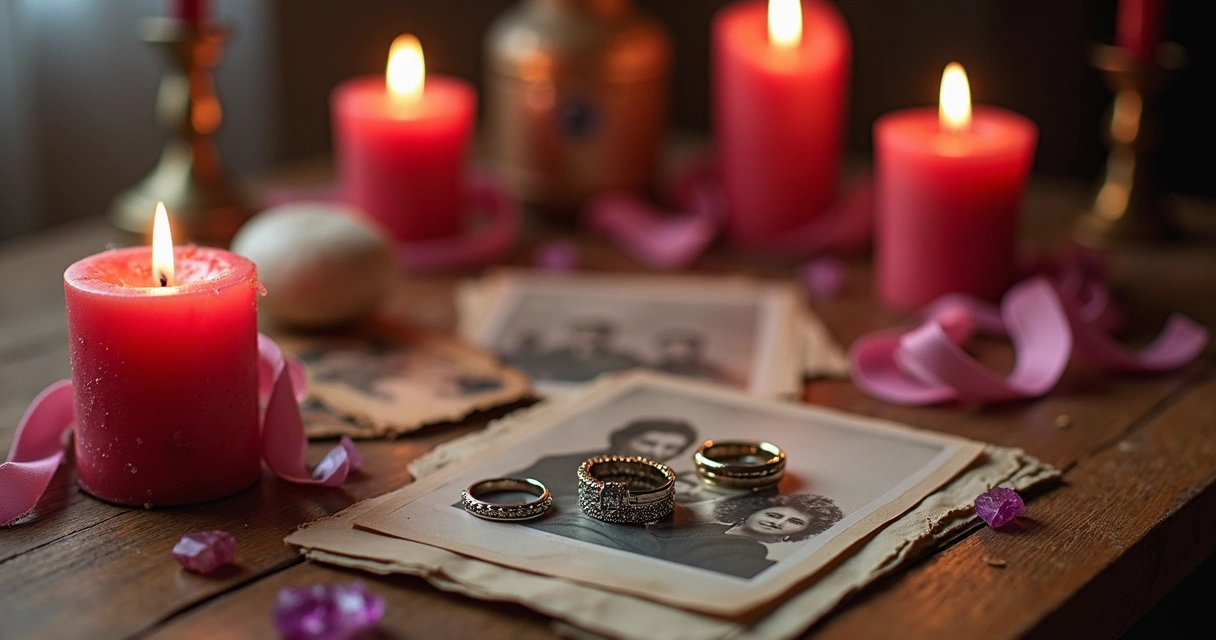 Mesa com objetos pessoais para simpatias de amor, incluindo anéis, fotos, velas vermelhas e fitas coloridas