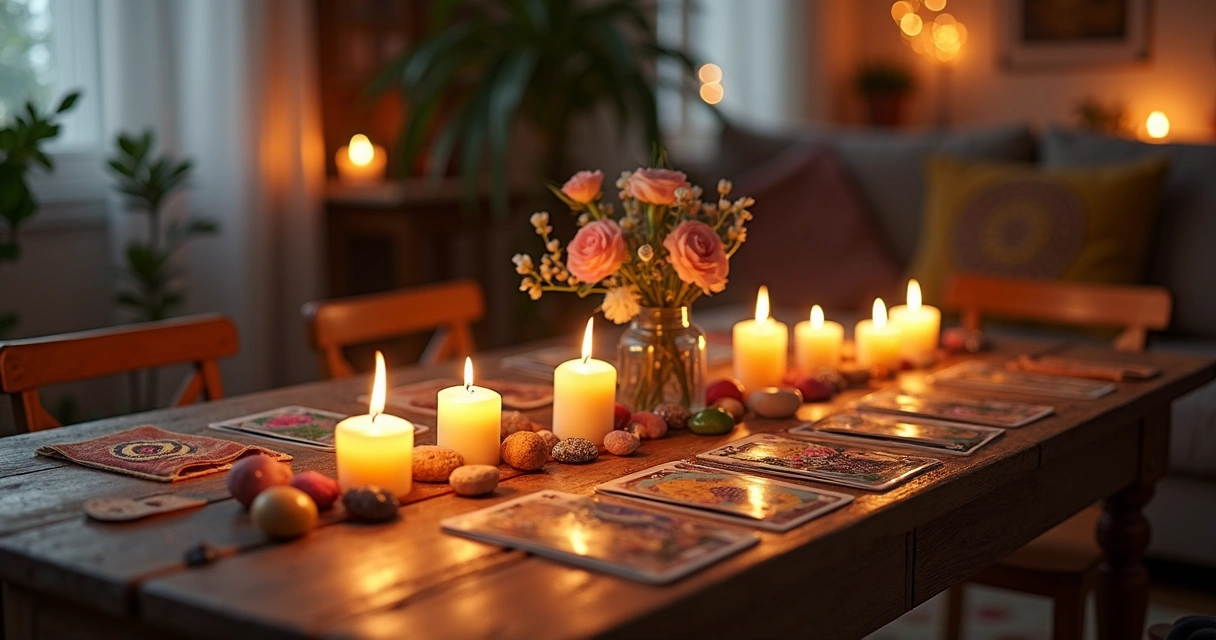 Mesa com velas acesas, amuletos coloridos e flores para simpatias de socialização