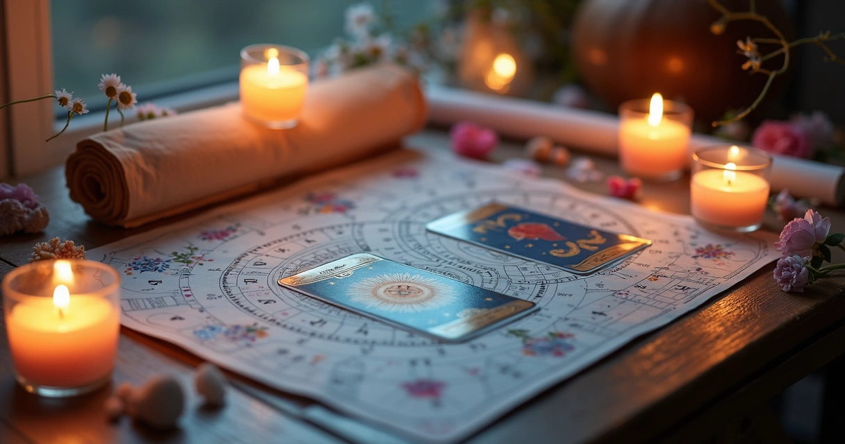 Mesa com cartas de tarot abertas e mapa astral com símbolos astrológicos, iluminação suave e velas acesas ao redor