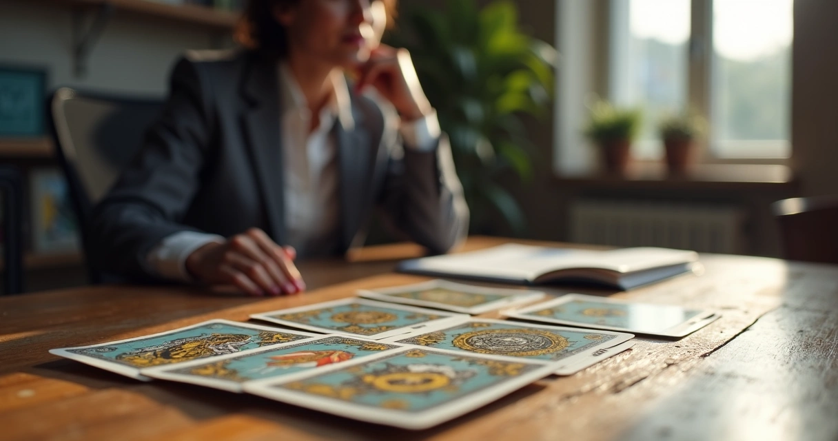 Cartas de tarot dispostas sobre uma mesa de madeira com uma pessoa ao fundo olhando para elas, com luz suave e ambiente profissional ao redor