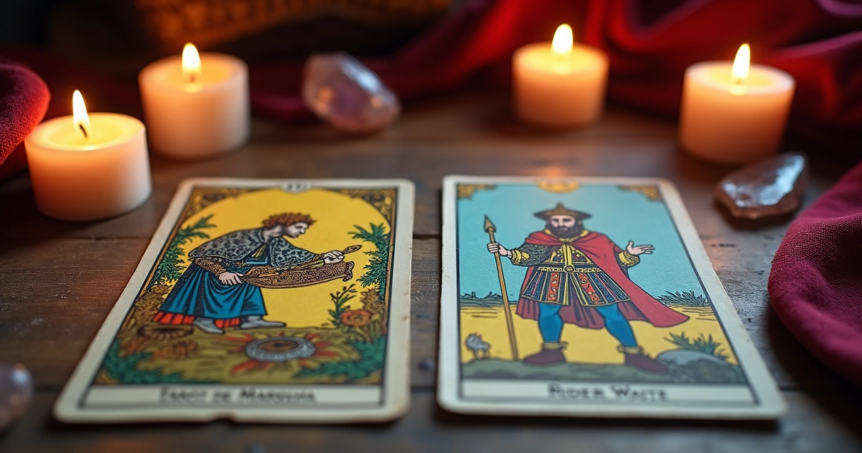 Cartas de Tarot de Marselha e Rider Waite sobre superfície de madeira com velas acesas ao fundo