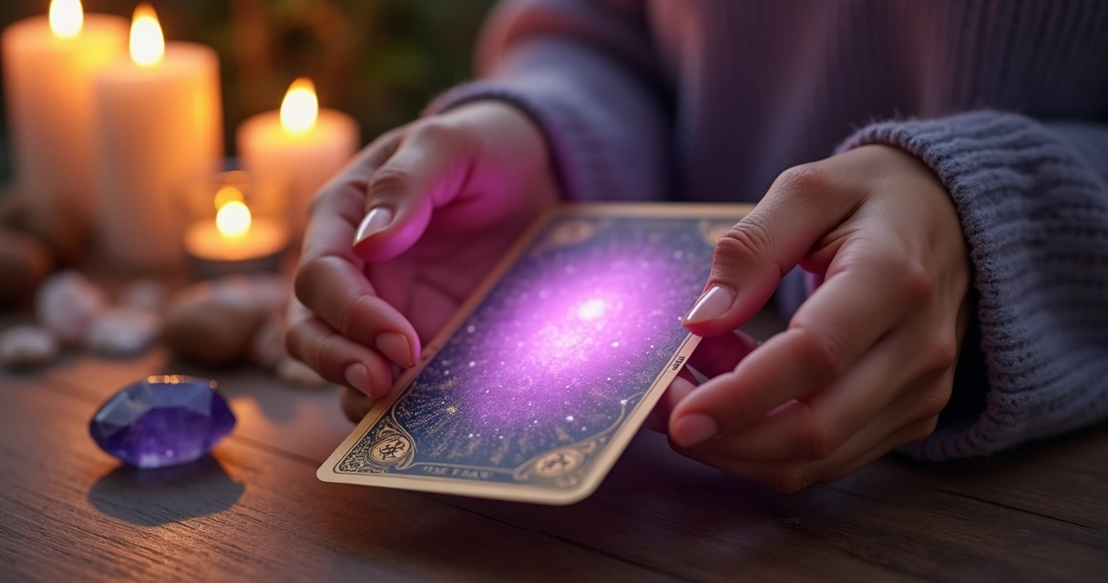 Carta de tarot iluminada em mãos femininas, com velas acesas e cristais ao fundo para ambiente de cura emocional