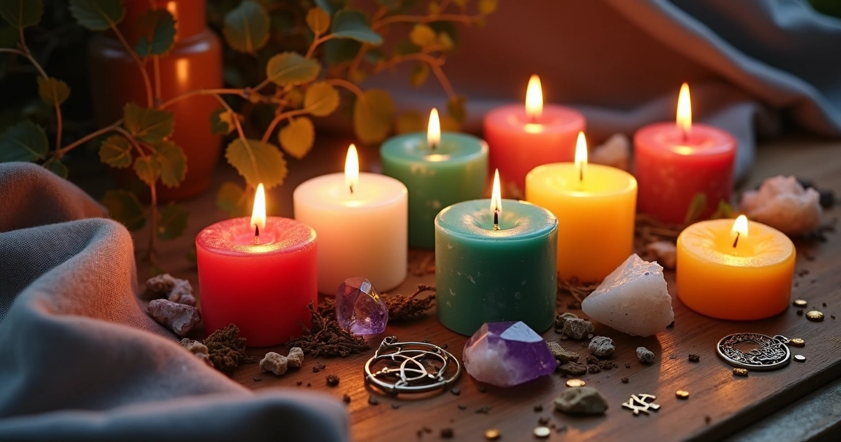 Velas coloridas acesas em altar esotérico com cristais, ervas e símbolos espirituais ao fundo