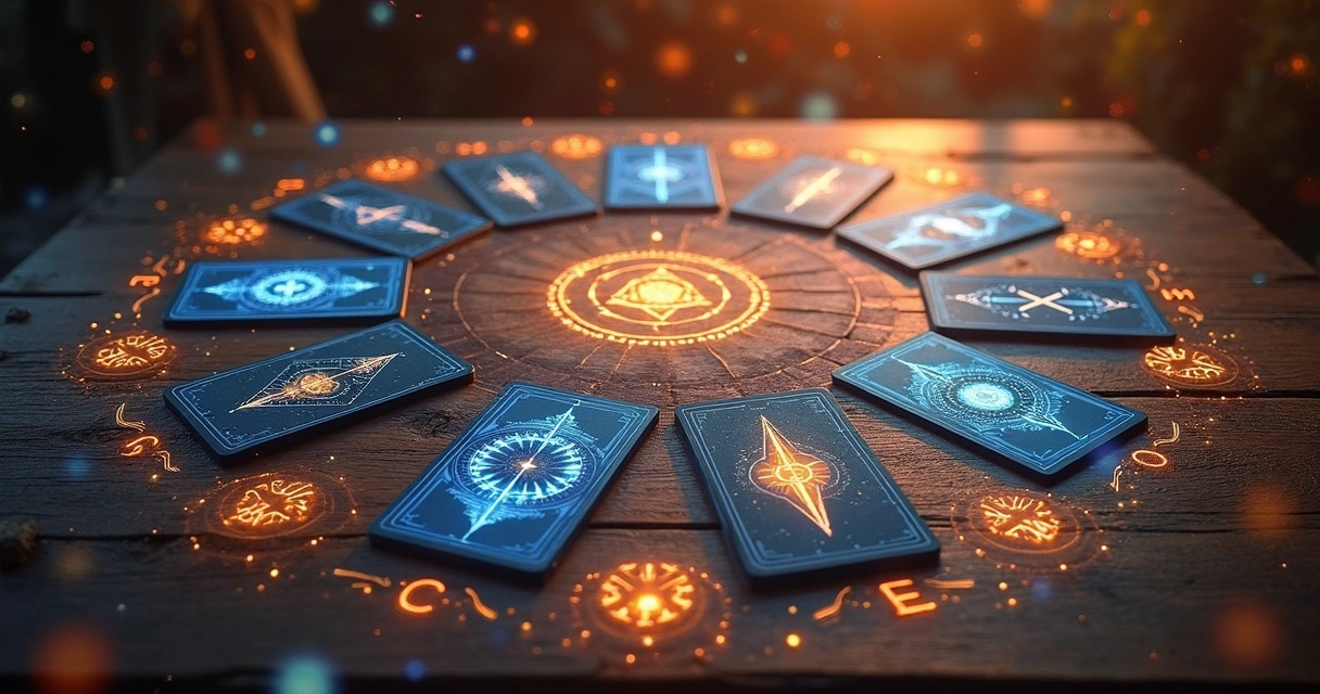 Mesa com cartas de tarot dispostas e símbolos gráficos coloridos sobrepostos e flutuantes ao redor