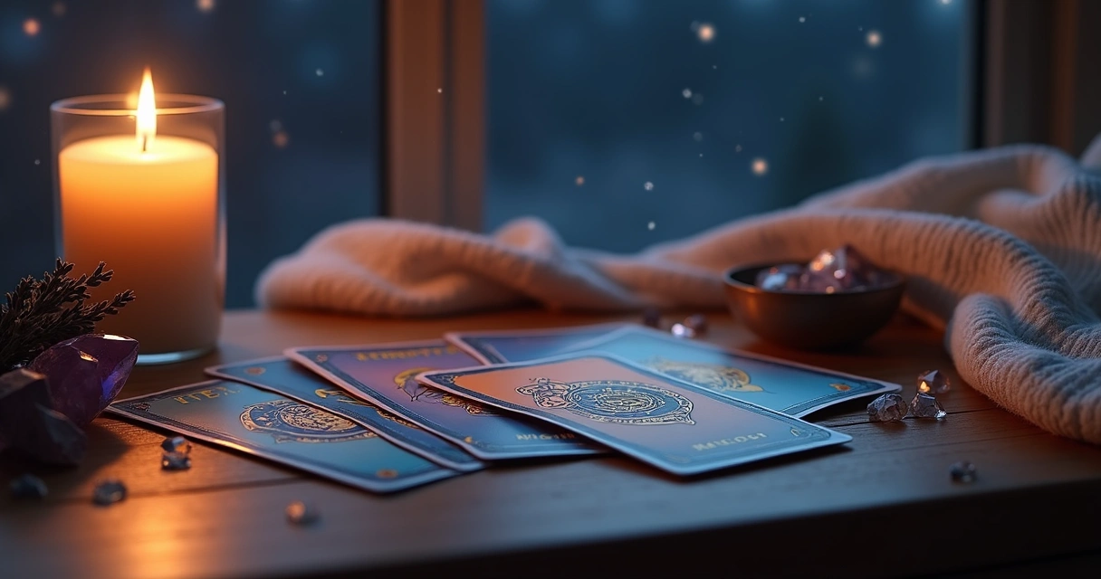 Mesa com cartas de tarot abertas ao lado de uma vela acesa e cristais para ritual de sono