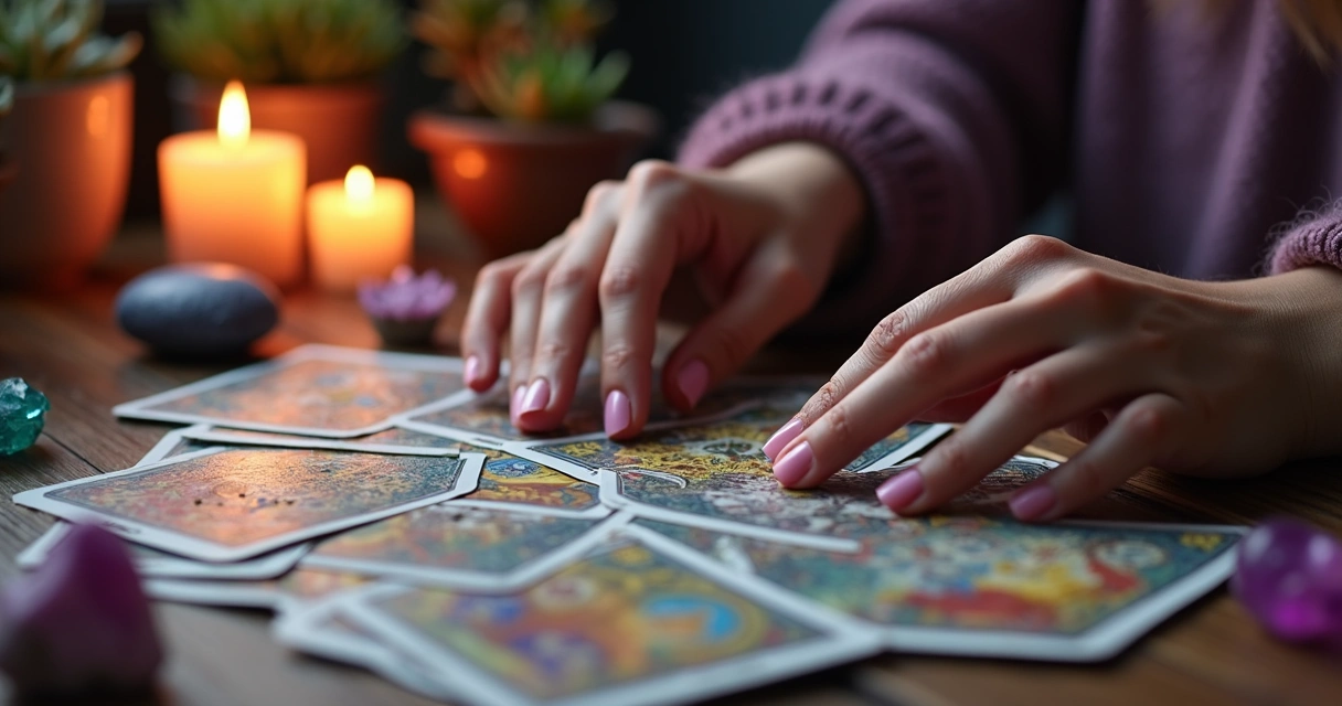Mãos femininas segurando cartas de tarot sobre mesa com velas e cristais para visualização de metas pessoais