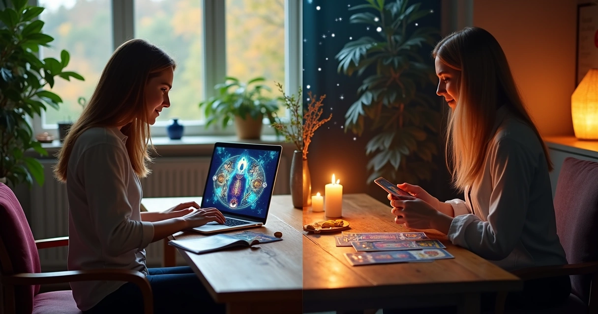 Mesa dividida mostrando uma consulta de tarot online com notebook e tarot presencial com cartas à mão