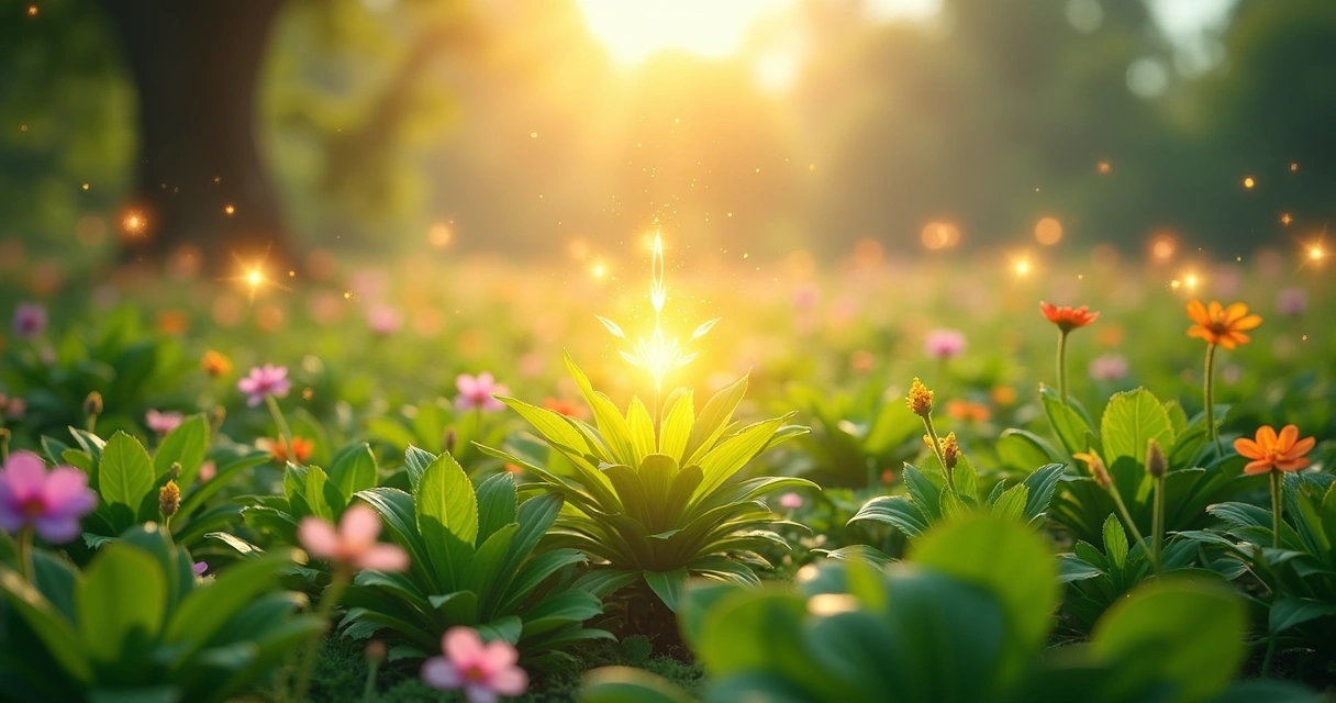 Jardim com plantas verdes vibrantes sendo energizadas por símbolos esotéricos luminosos sobre folhas e flores
