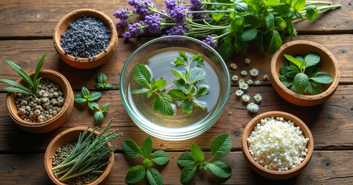 Vários tipos de ervas naturais frescas e secas sobre superfície de madeira, organizadas em cumbucas e espalhadas ao redor, com uma bacia transparente cheia de água, preparado para banho espiritual