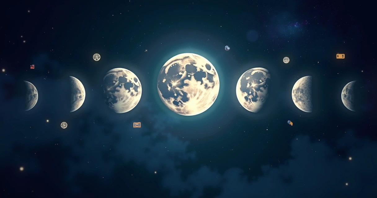 Fases da lua com símbolos de dinheiro e trabalho ao redor em fundo noturno detalhado