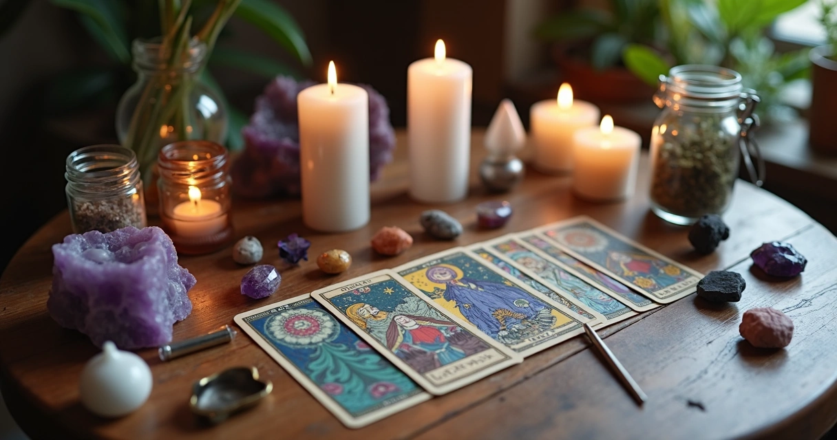 Kit básico de ferramentas esotéricas com cristais, velas, amuletos e tarot sobre mesa de madeira