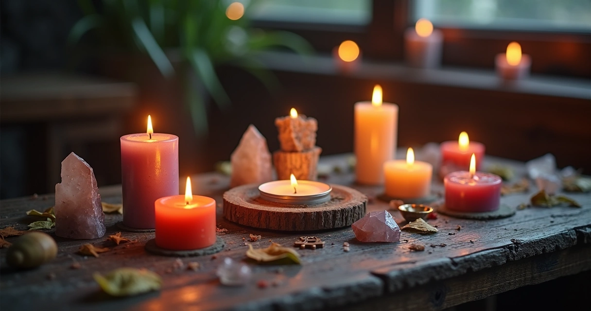 Velas acesas em um altar com elementos para magia profissional, como cristais, folhas secas e objetos esotéricos sobre superfície de madeira escura