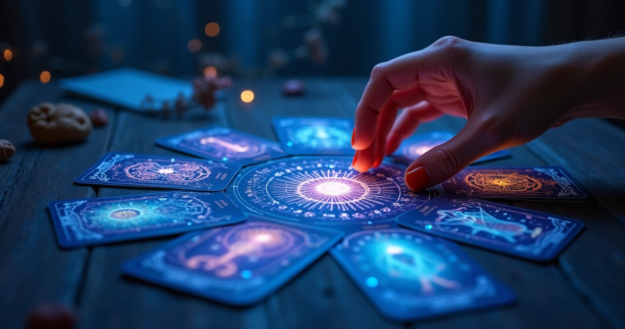 Mão feminina segurando cartas de tarot com luz mística azul e roxa ao fundo