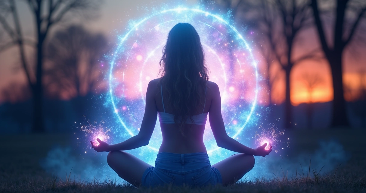 Mulher em postura de meditação cercada por luzes brilhantes e energia protetora ao redor do corpo