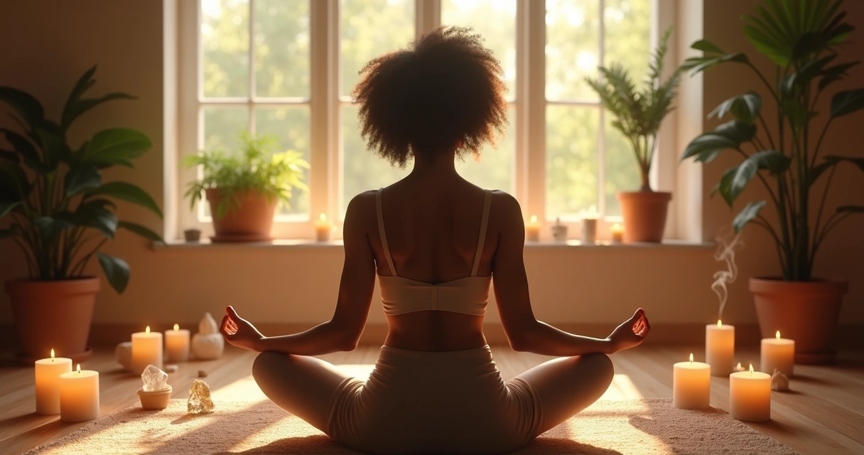 Mulher sentada em posição de meditação em ambiente tranquilo com velas, cristais e plantas ao redor para simbolizar superação espiritual