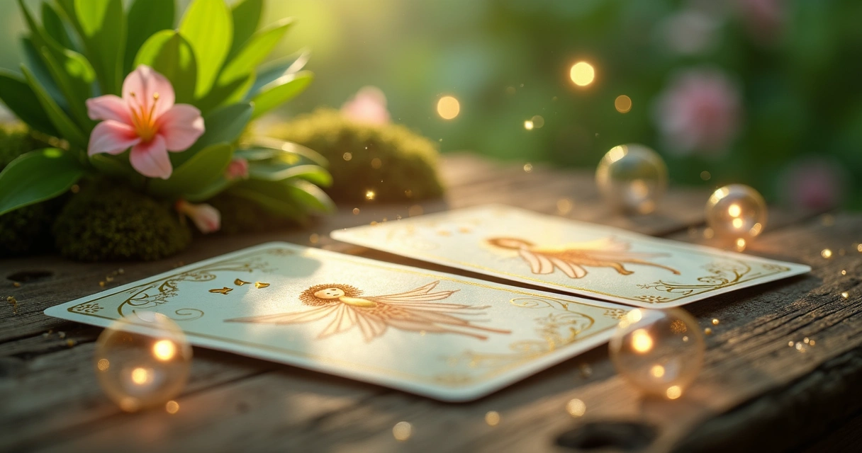Oráculo das fadas com cartas delicadas sobre mesa de madeira rodeada por flores e luz suave