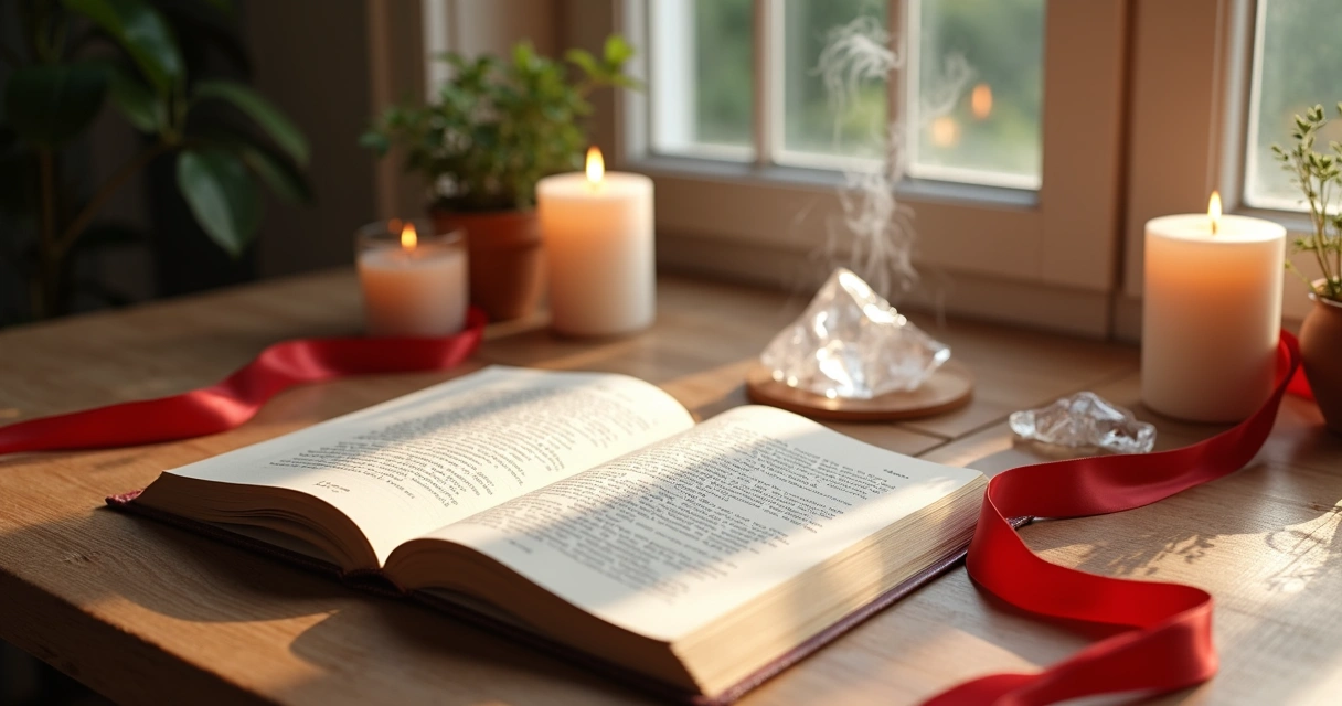 Mesa com velas acesas, cristais e fitas vermelhas em ambiente calmo para amarração energética leve