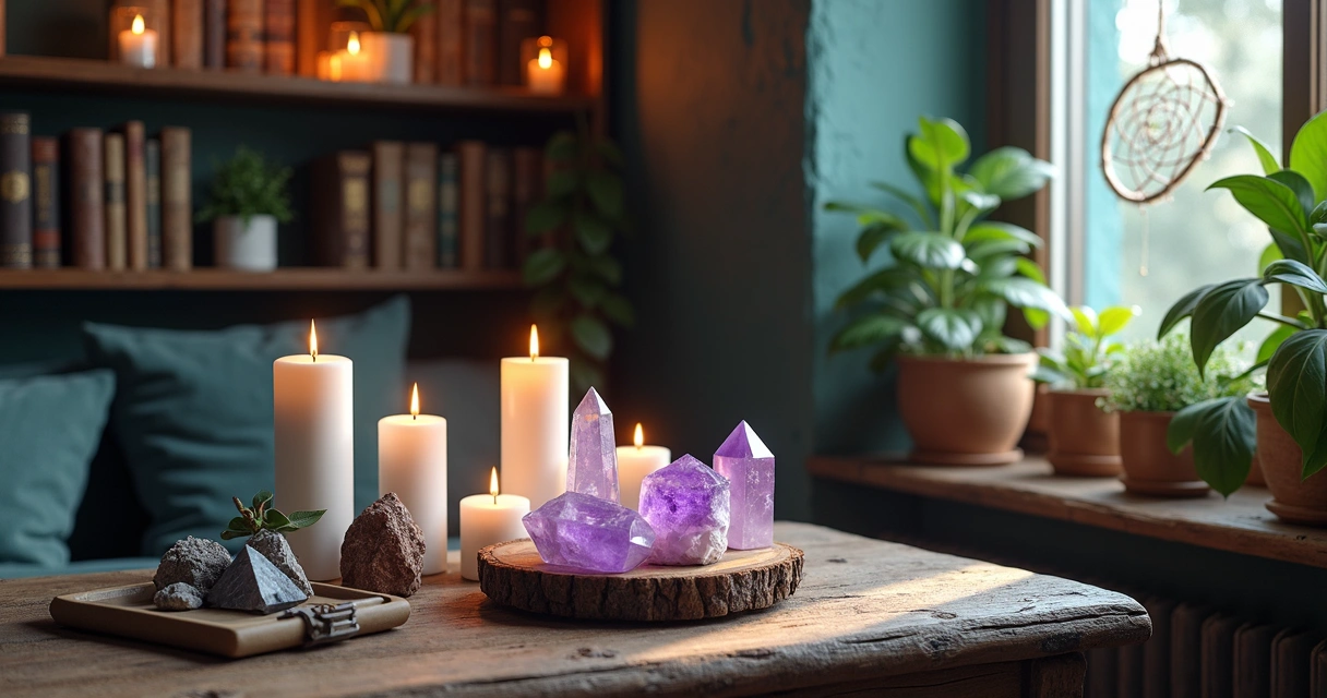 Sala decorada com objetos esotéricos como cristais, velas acesas e plantas para bem-estar