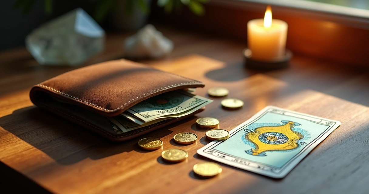 Mesa com cartas de tarot, moedas douradas e carteira aberta sobre fundo de madeira clara