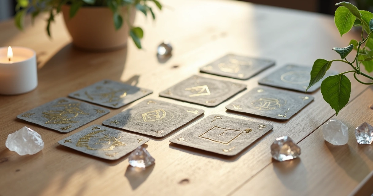 Mesa de madeira com sete cartas de tarot organizadas em sequência semanal sobre um fundo claro e decorado com cristais e velas